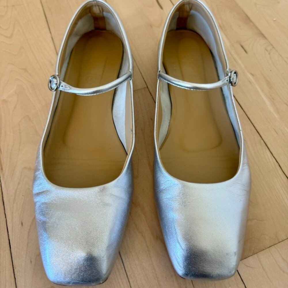Aeyde Metallic Silver Mary Jane Flats